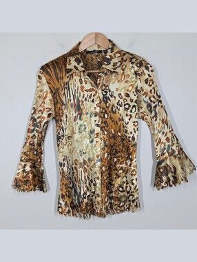 Vtg Y2K Pleated Satin Animal Print Button Up Flare Sleeves Lasercut Fairy Grunge